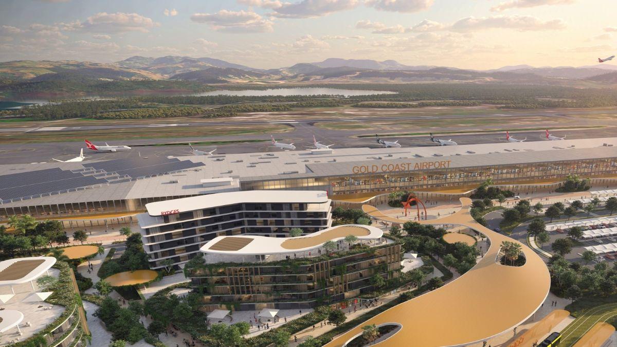 Illustration of Gold Coast Airport’s future master plan featuring a modern terminal, hotel, landscaped public spaces, and integrated green architecture.